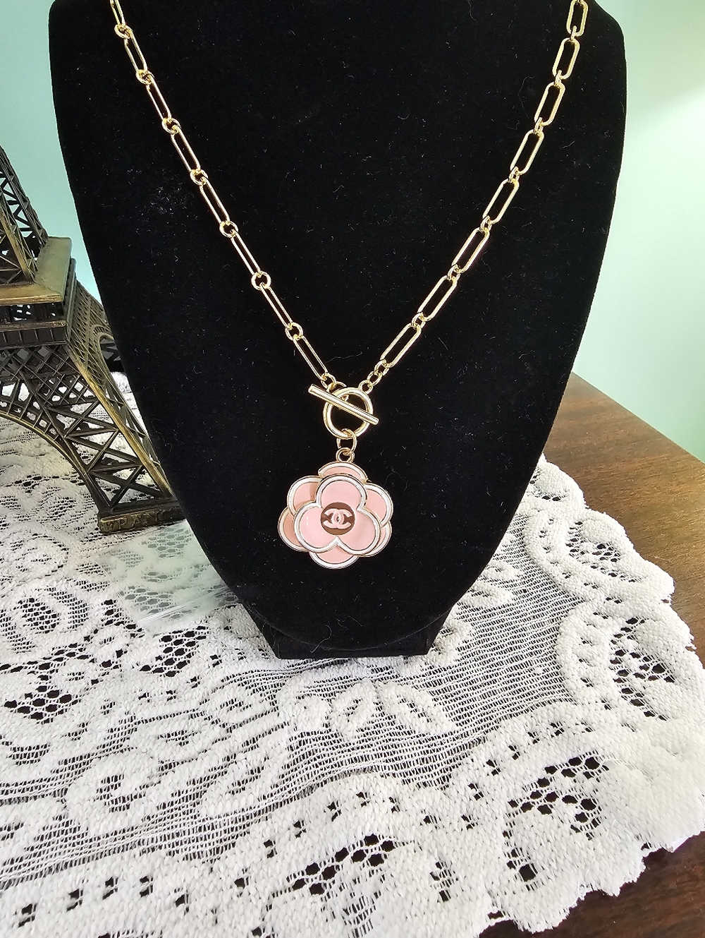 Pink Camellia Enamel Zipper Pull Necklace.